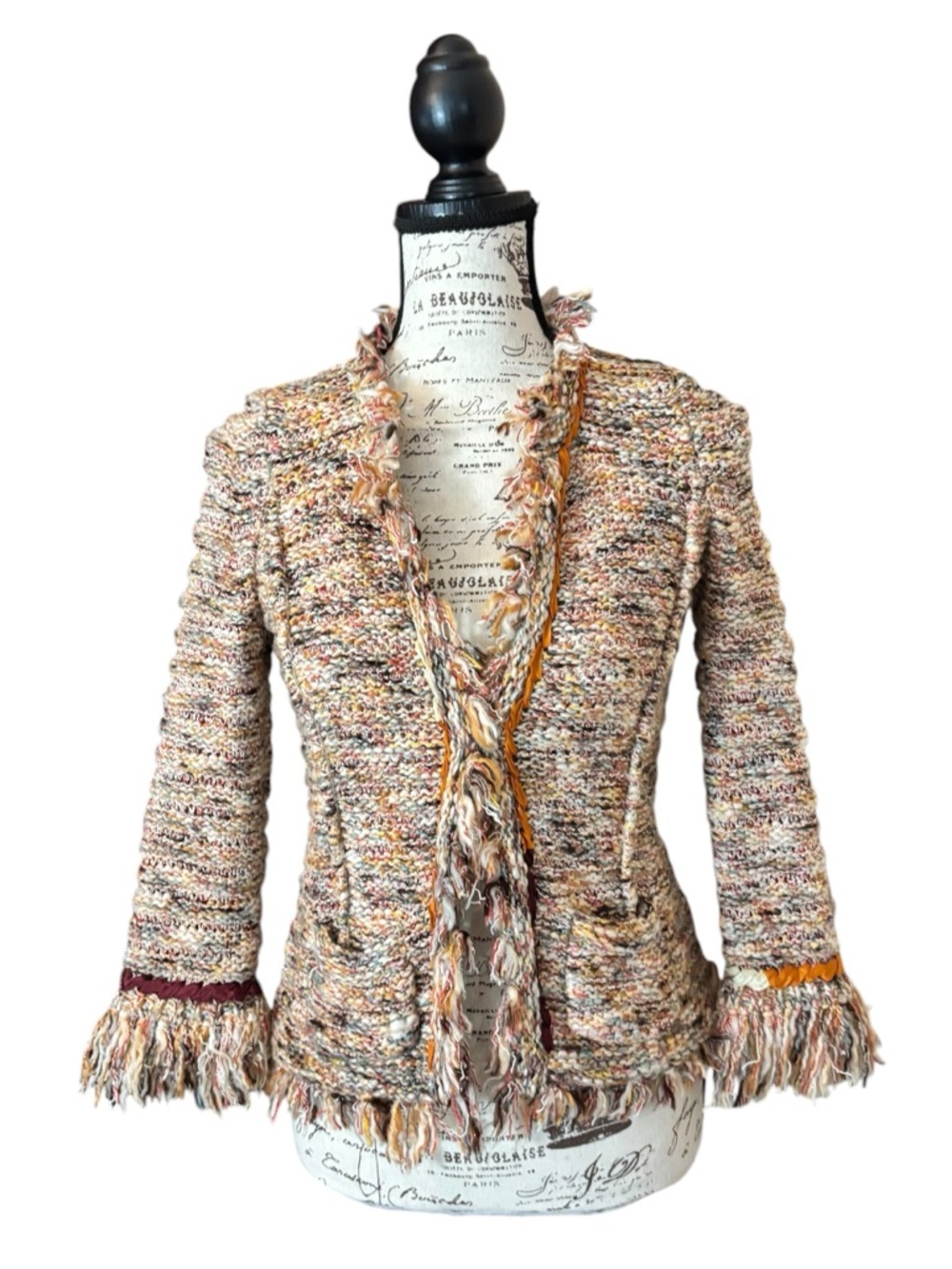 Angel Of The North Multicolor Tweed Fringe Cardigan - Cream, Gold, Pink, Brown